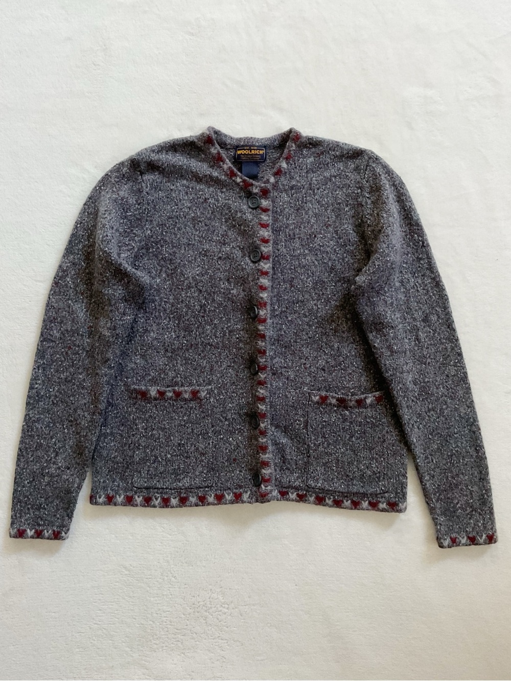 Vintage Woolrich Heart Trim Cardigan Sweater Charcoal Heather Women’s Small